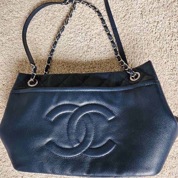 CHANEL Handbags - EUC Chanel Blue Lambskin with Quilting & Silver chains Tote Bag